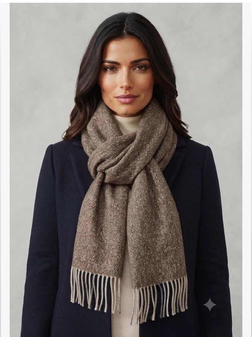 Classic Herringbone Fringe Scarf in Brown